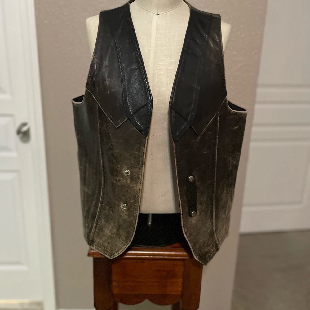 Men's Black and Brown Leather Vest